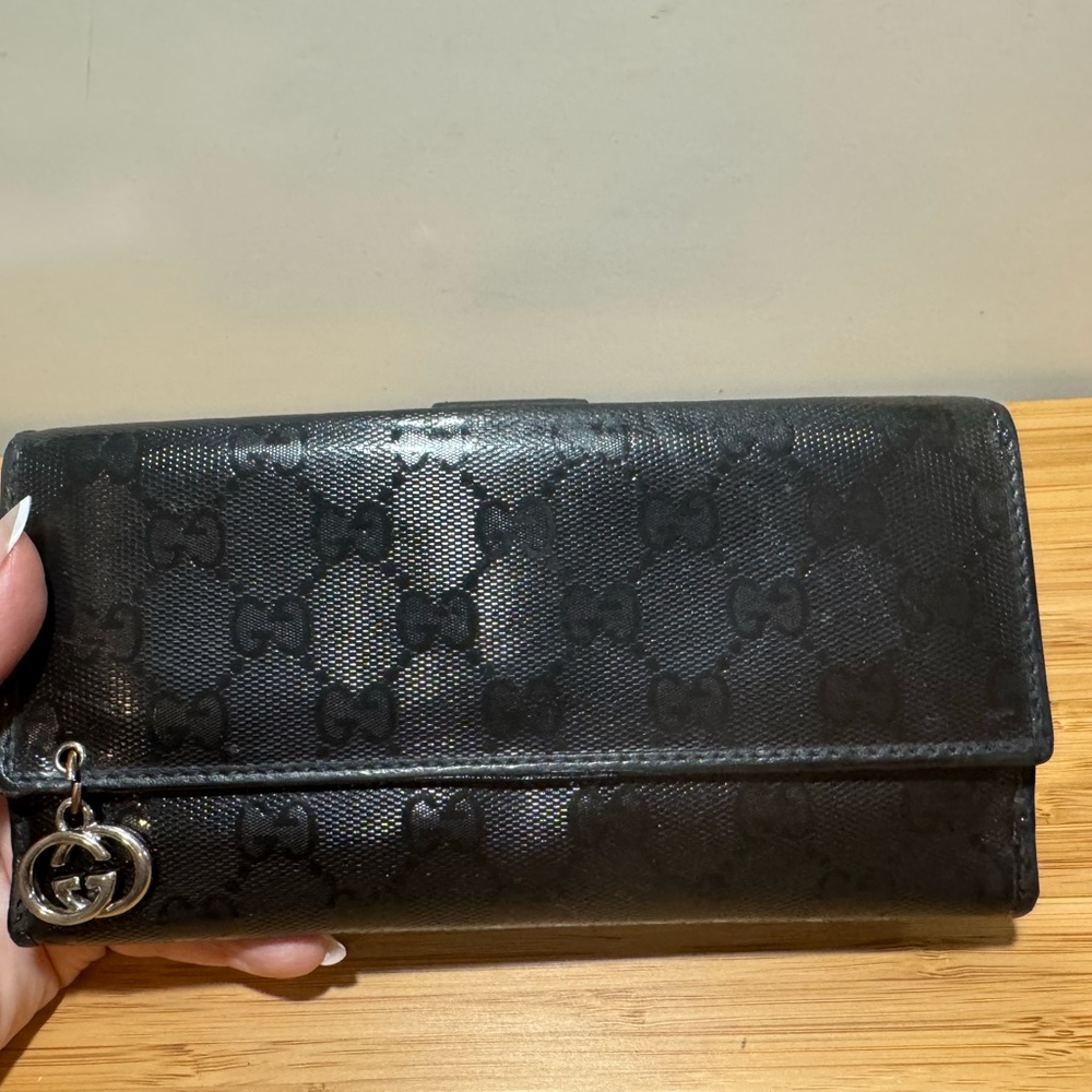 Gucci Black Imprime Long Wallet with Silver Charm